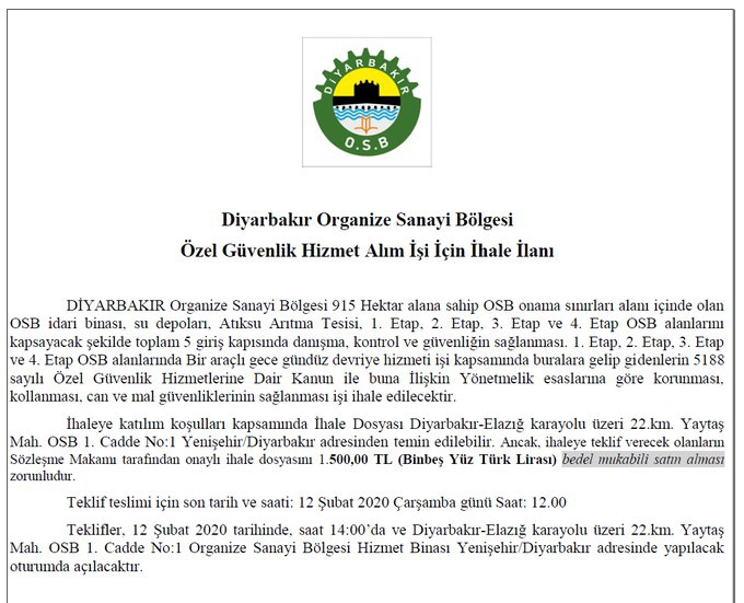 Diyarbakır Organize Sanayi Bölgesi Özel Güvenlik Hizmet Alım işi İçin İhale İlanı.